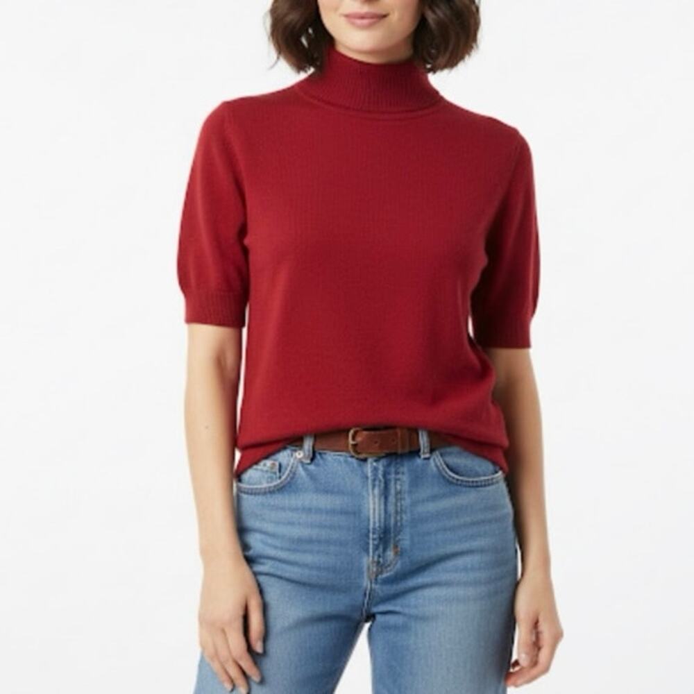 Vintage 1960s Evan Picone Wool Red Short Sleeve Mock Turtleneck Sweater Size S